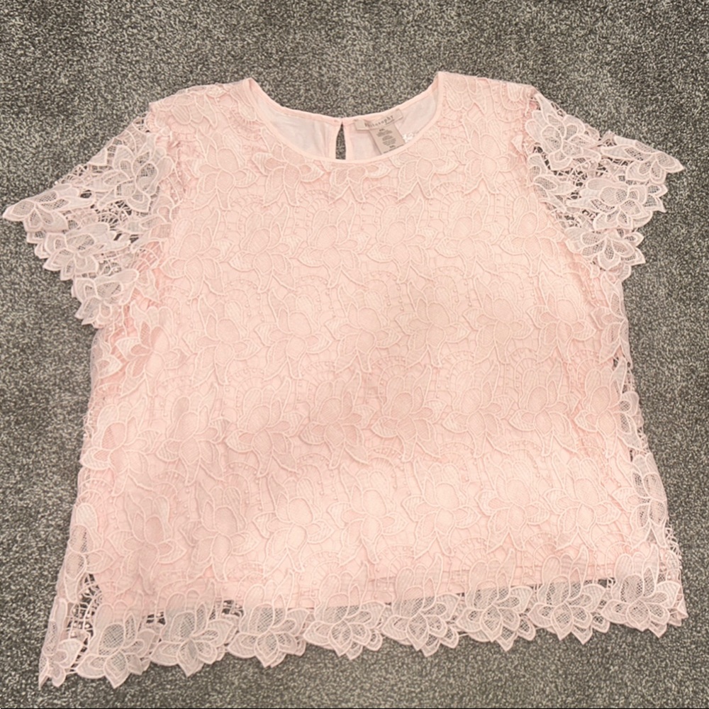 Philosophy Light Pink Floral Lace Short Sleeve Blouse